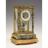 Late 19th Century French brass and champlevé enamel bowfront four glass mantel clock, the 3.5 Arabic