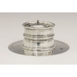 Victorian silver capstan inkwell, the hinged cover within five circular apertures and standing on