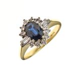 Diamond and sapphire 18ct gold ring, the oval cut sapphire enclosed by five brilliant cuts above