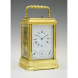 20th Century lacquered brass-cased repeater carriage clock, L'Epee, France, the white dial with