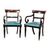 Pair of early 19th Century mahogany yoke back elbow chairs, the plain top rail and mid rail