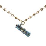 Unmarked filigree gilt metal necklace, together with an enamel cylinder shaped holder Condition: