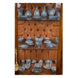 Large collection of modern Wedgwood pale blue jasperware items including vases, pin dishes etc