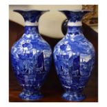 Pair of Wedgwood Ferrara pattern blue and white transfer printed baluster shaped vases, 31cm high