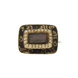 19th Century unmarked yellow metal rectangular mourning brooch, the black enamel surround