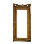 Large gilt framed wall mirror with plain rectangular plate within deep swept gilt frame, overall