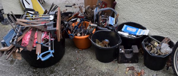 Large selection of assorted tools to include; axes, hammers, drill bits, saws etc Condition: