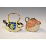 Japanese polychrome decorated pottery figural teapot formed as a quail, together with another