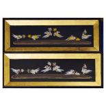 Pair of watercolour and feather pictures - Cock fighting, 8.5cm x 29cm, framed and glazed Condition: