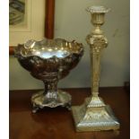 Silver plated pedestal fruit bowl with wavy rim, and silver plated column candlestick of tapering