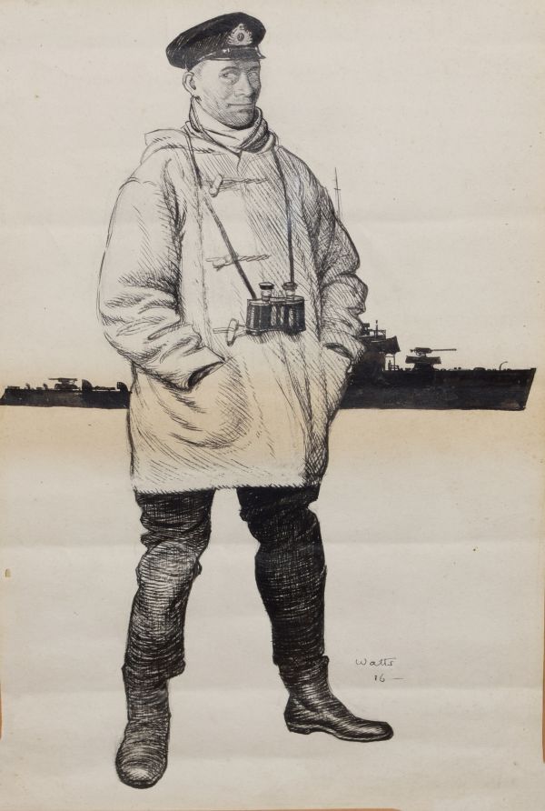 World War I era ink study of a naval seaman, modelled standing with binoculars around his neck