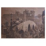 Axel Herman Haig (1835-1921) - Large engraved print - Procession crossing a stone river bridge