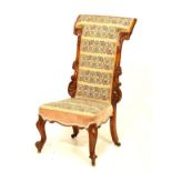 Victorian carved walnut framed Prie Dieu chair upholstered in geometric patterned needlepoint and