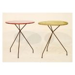 Modern Design - Two circular occasional tables with red and yellow tops respectively, each on