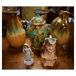 Small collection of ceramics to include; a majolica type urn and cover modelled with ivy leaves, two