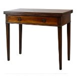 Early 19th Century mahogany fold over tea table with rectangular top over frieze drawer with ring