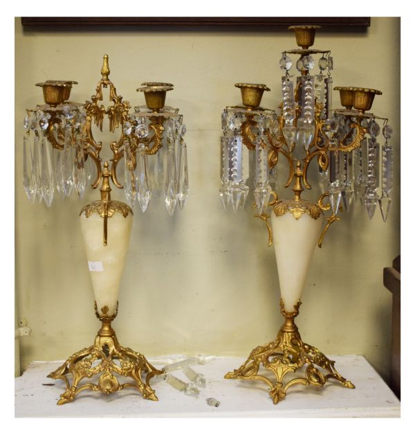 Pair of late 19th/early 20th Century gilt metal and alabaster four branch table lustres or