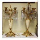 Pair of late 19th/early 20th Century gilt metal and alabaster four branch table lustres or