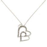 White metal double heart shaped pendant set diamonds on a fine white metal chain, stamped 9k, 0.9g