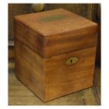 19th Century campaign style mahogany box, the hinged cover with flush fitted brass handle over a