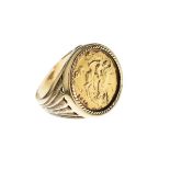 Gold Coins - 9ct gold ring set George V half sovereign 1912, size R½, 12.3 g approx gross Condition: