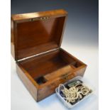 Victorian brass bound walnut writing box, together with a small quantity of various costume
