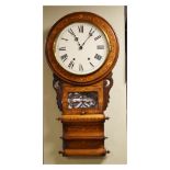 Late 19th Century inlaid walnut cased drop dial wall clock, the off-white dial with Roman