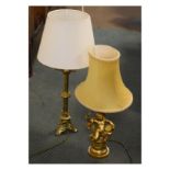 Ecclesiastical style brass table lamp with six lobed petal socket and cylindrical stem with knop