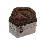 Mid 19th Century carved walnut cased flint, the cover having scrolling foliage, the underside carved