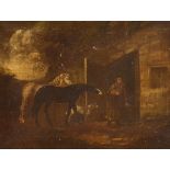 19th Century English School - Oil on canvas - A rural scene with a woman, two horses and a dog