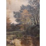 Late Victorian oil on board depicting a river bank with trees beyond, indistinctly signed and