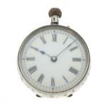 Lady's Swiss made white metal fob watch stamped 935, having white Roman dial with gilt divisions and