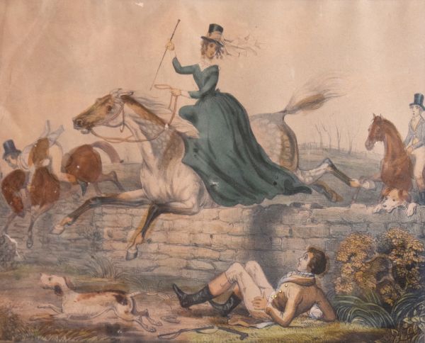 Early 19th Century hand coloured lithographic satirical print depicting a lady in a steeplechase