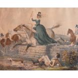 Early 19th Century hand coloured lithographic satirical print depicting a lady in a steeplechase