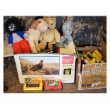 Assortment of toys and model cars including straw filled toy dog, Sweep puppet, two boxes of
