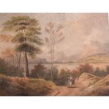 English School - Early 19th Century - Watercolour depicting a pair of travellers on a lakeside path,