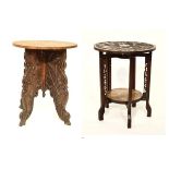 Eastern carved hardwood occasional table on pierced supports with under shelf, together with another