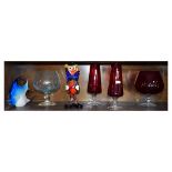 Small selection of coloured glass to include; Murano Venetian glass clown, ruby brandy glass and