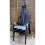 Set of four black finish metal garden chairs and garden parasol Condition: