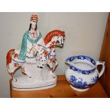 Victorian Staffordshire pottery equestrian figure of a mounted Scotsman, together with a Adams