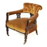 Late Victorian walnut and beech framed tub shaped drawing room chair upholstered in gold dralon