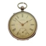 Late Victorian silver pocket watch hallmarked Birmingham 1900, with white Roman dial and