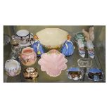 Collection of decorative ceramics and glassware including Empire chintz bowl with figural decoration