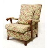 1930's period open arm fireside chair upholstered in cherry pattern simulated tapestry and
