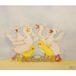 Jill Barton - Watercolour - Humorous study of a group of ducks watching an egg hatch, signed, 28.5cm