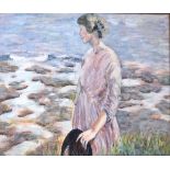 Watercolour - Half length portrait of a lady standing on a seashore, unsigned, 23.5cm x 34cm