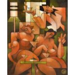 Modern acrylic on board - Art Deco style study of two ladies and a cocktail waiter, signed with