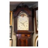 19th Century inlaid mahogany longcase by Thomas Green of Liverpool, the hood with moulded swan