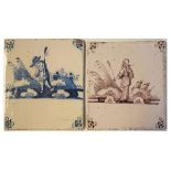 18th Century Delft tile having manganese painted decoration depicting a woman in a landscape,