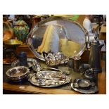 Selection of silver plated and pewter wares to include; oval galleried two handled tray, ladle, pair